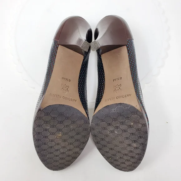 Antonio Melani Leather Heels Metallic Brown w/ Teal Polka Dots Sz 8.5 EUC - Picture 7 of 9